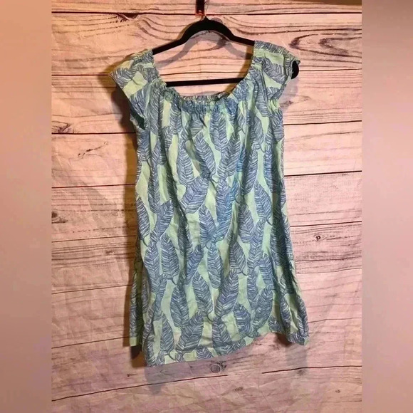 Vineyard Vines Dress Women sz Medium off the shoulder Leaf Print Green Blue Mini - Picture 1 of 6